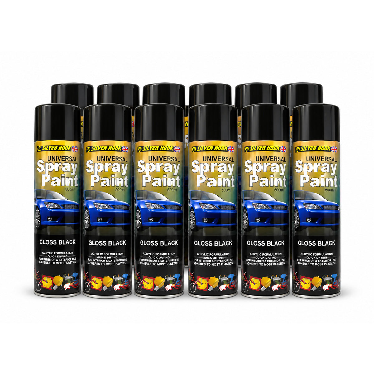 12× Silverhook Gloss Black Spray Paint 500ml – Metal & Wood Super-Smooth Finish