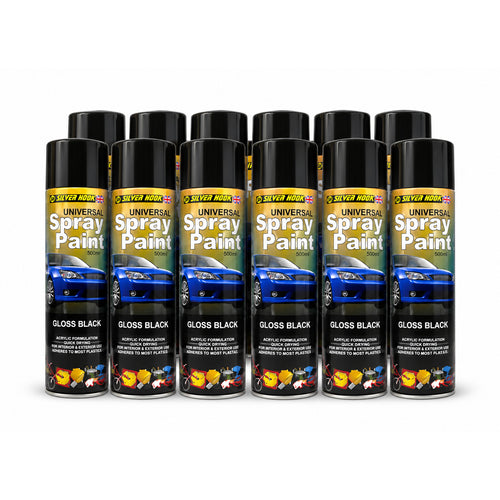 12× Silverhook Gloss Black Spray Paint 500ml – Metal & Wood Super-Smooth Finish