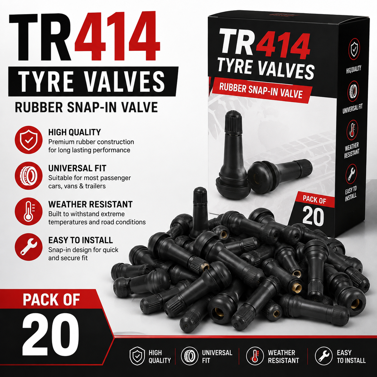 TR414 Snap-In Tubeless Tyre Valves – Pack of 20