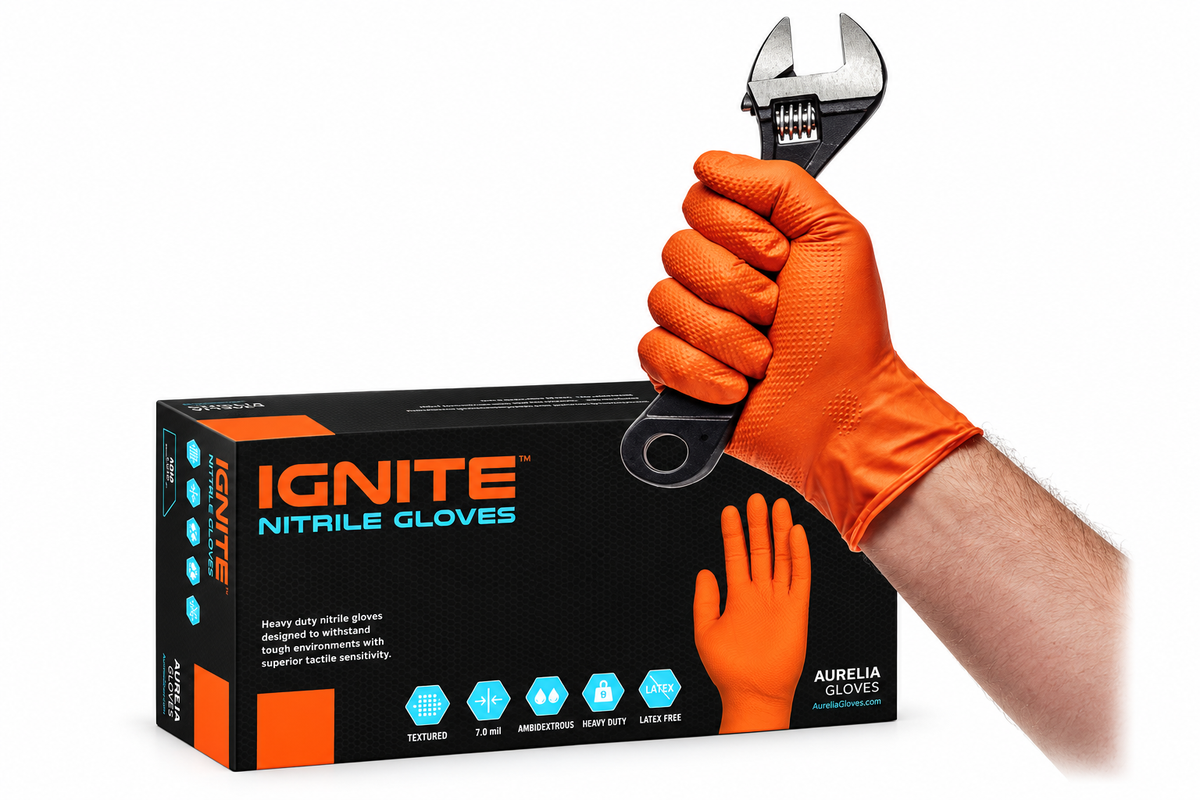 Ignite Heavy-Duty Orange Nitrile Gloves - Large (Box of 100) | Powder-Free & Textured Grip