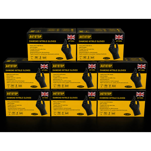 AutoTop AT1084 8 Mil Black Diamond Grip Nitrile Gloves 10 Boxes / 500 Gloves