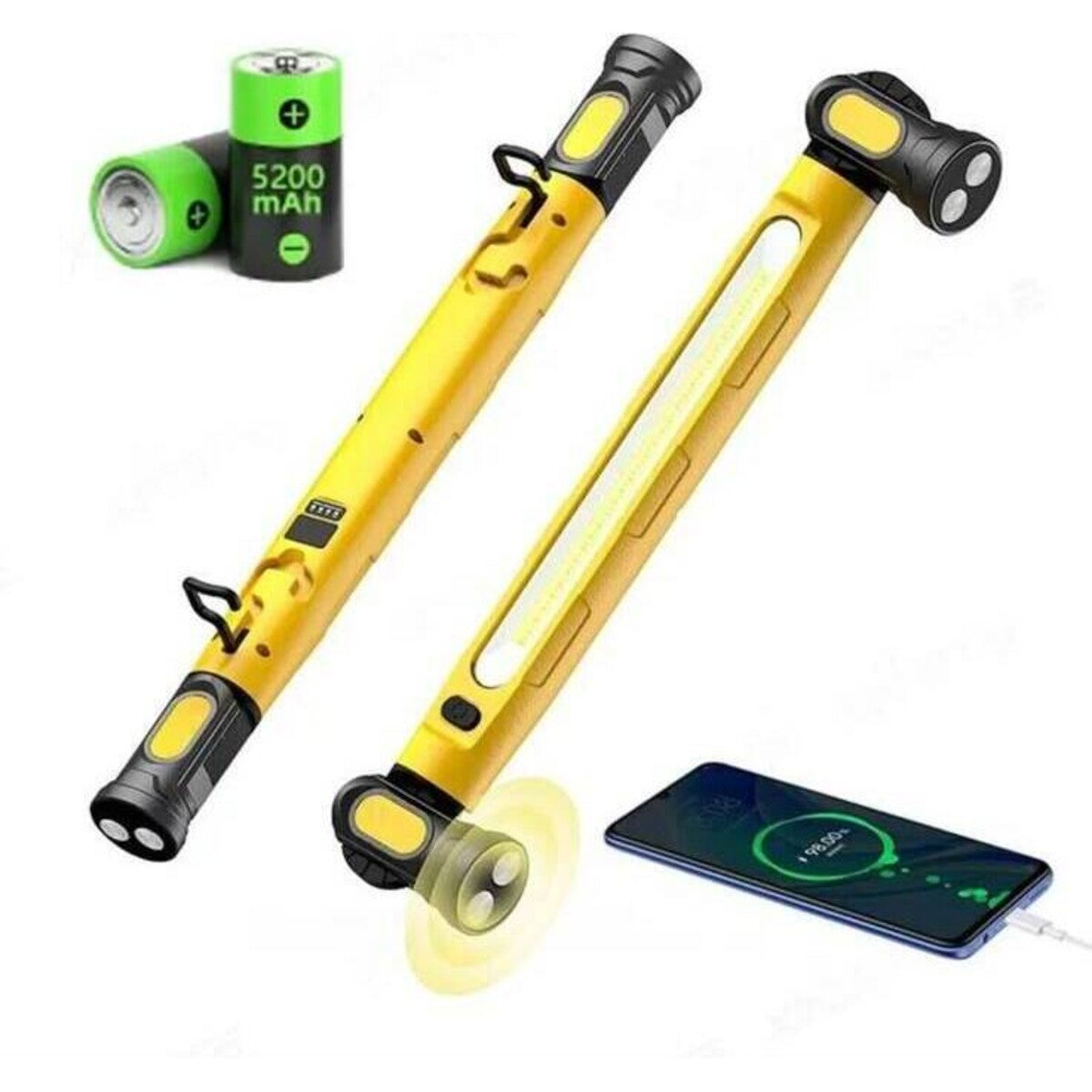 Multifunctional COB LED work light, magnetic rechargeable, folded and extended with batteries and phone charging