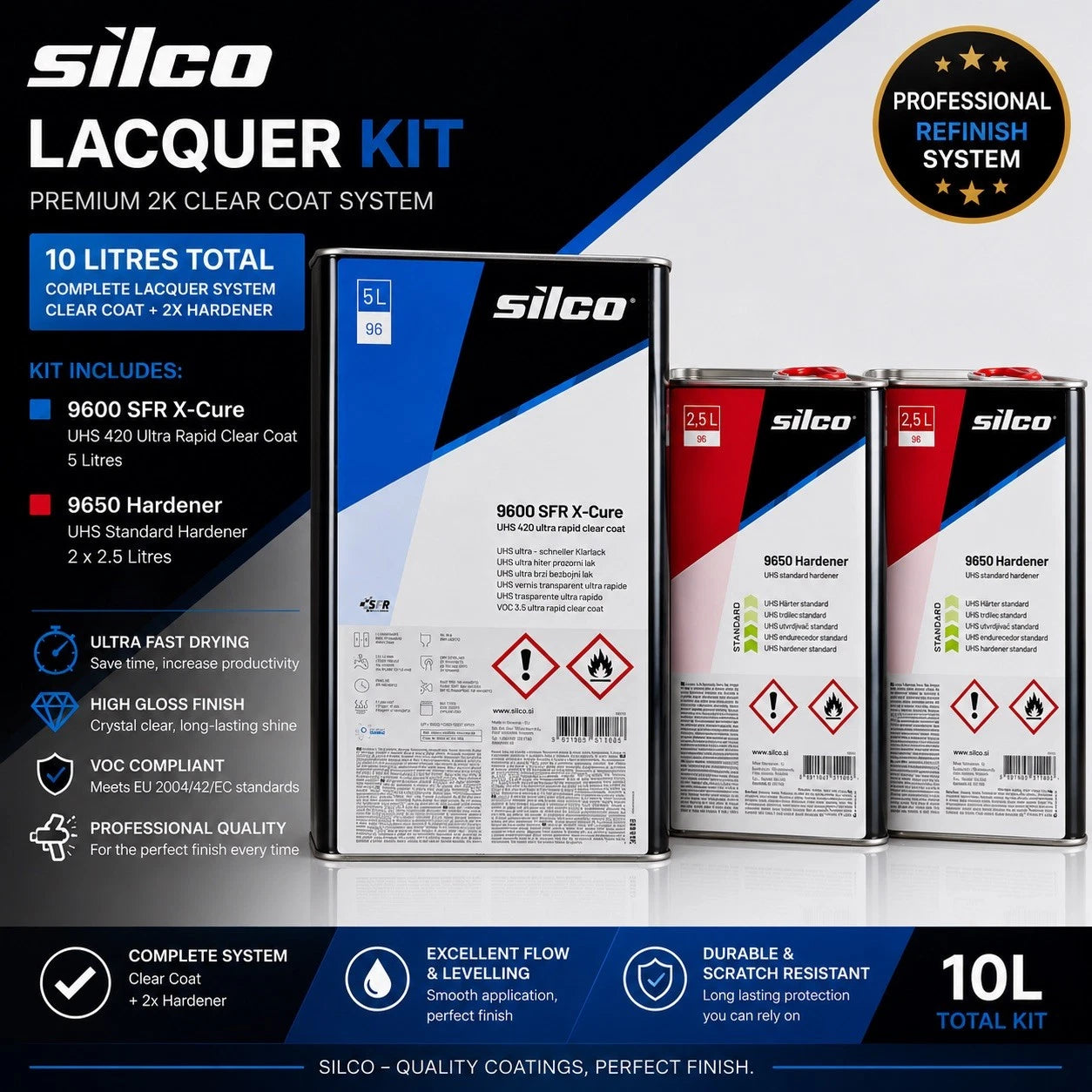 Silco 9600 X-Cure UHS Clear Lacquer Kit 10L + 2× 9650 Standard Hardener