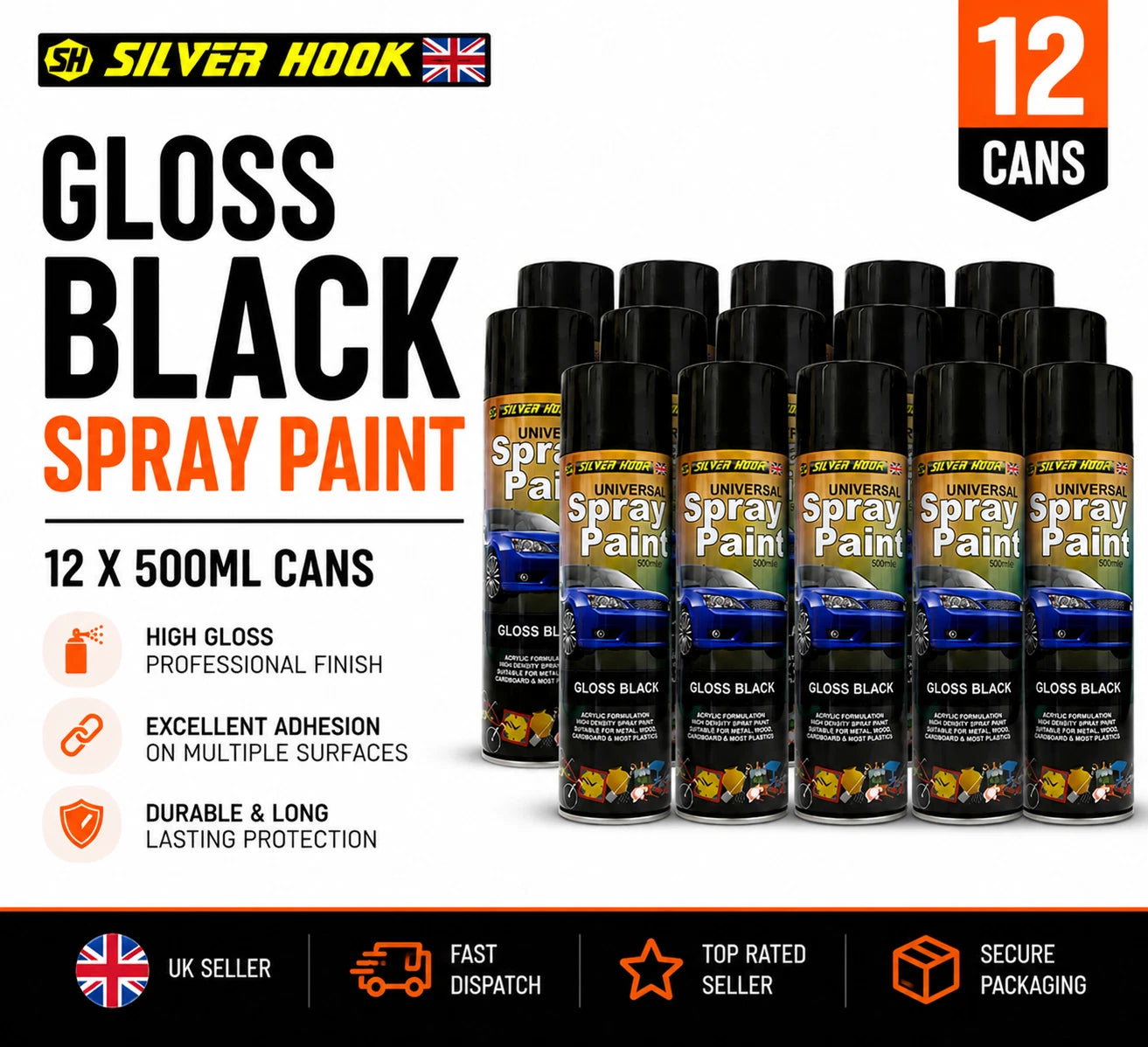 12× Silverhook Gloss Black Spray Paint 500ml – Metal & Wood Super-Smooth Finish