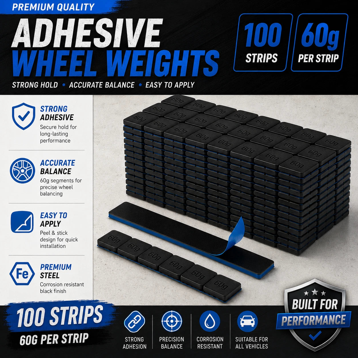 100× Black Adhesive Wheel Balance Weights 60g Strips – Stick On