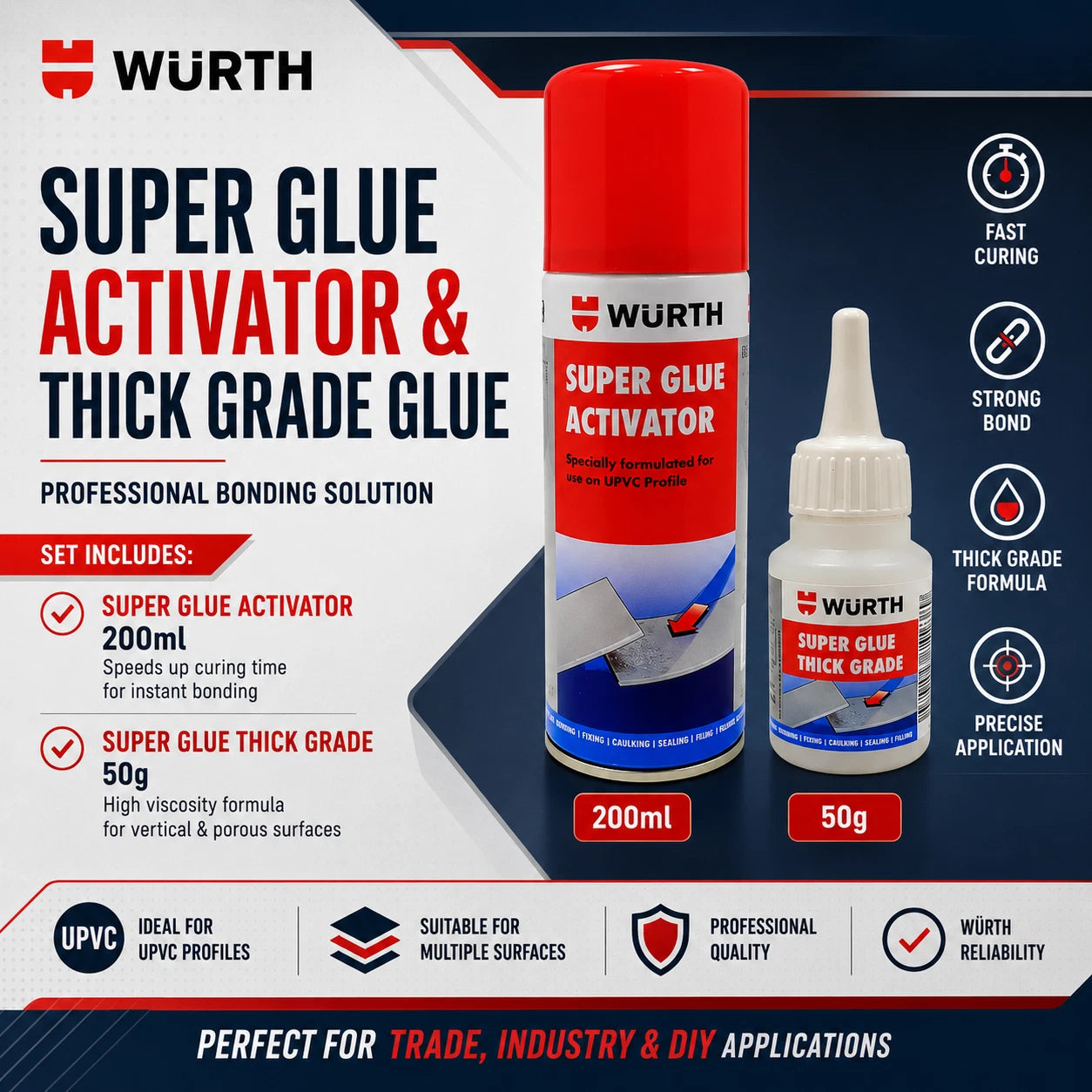 Würth Super Glue Kit – 50g Thick Grade Adhesive + 200ml Activator