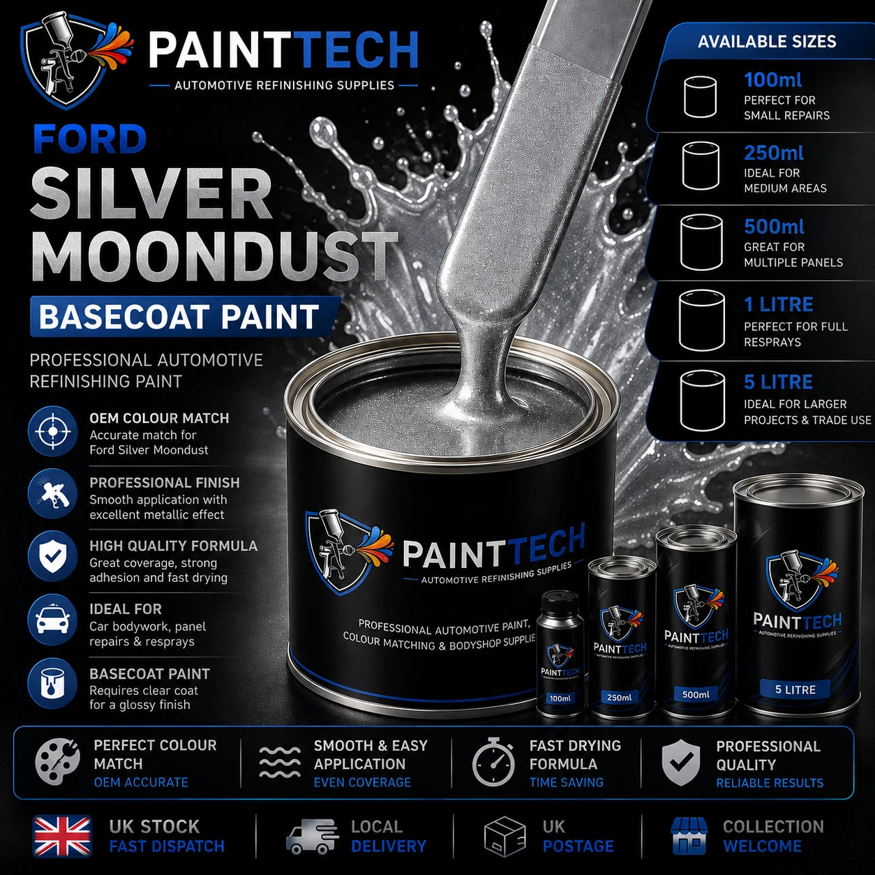 Ford Moondust Silver Touch Up Paint – Custom Mixed Basecoat 100ml–1L