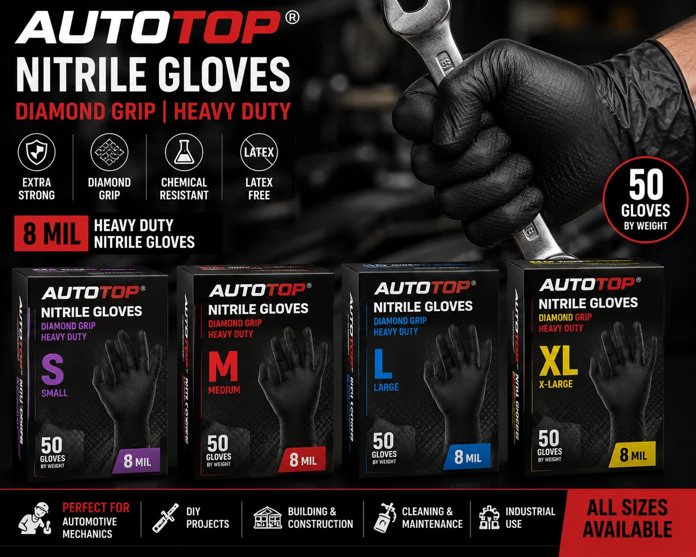 AutoTop 8 Mil Black Nitrile Gloves – Powder Free Disposable | Box of 50