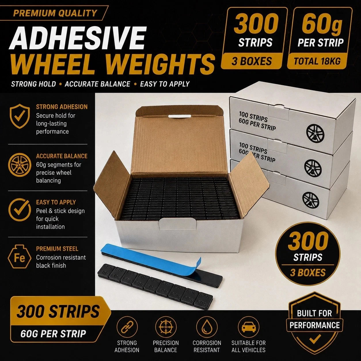 Black Adhesive Wheel Balance Weights 60g Strips - 300 Pack