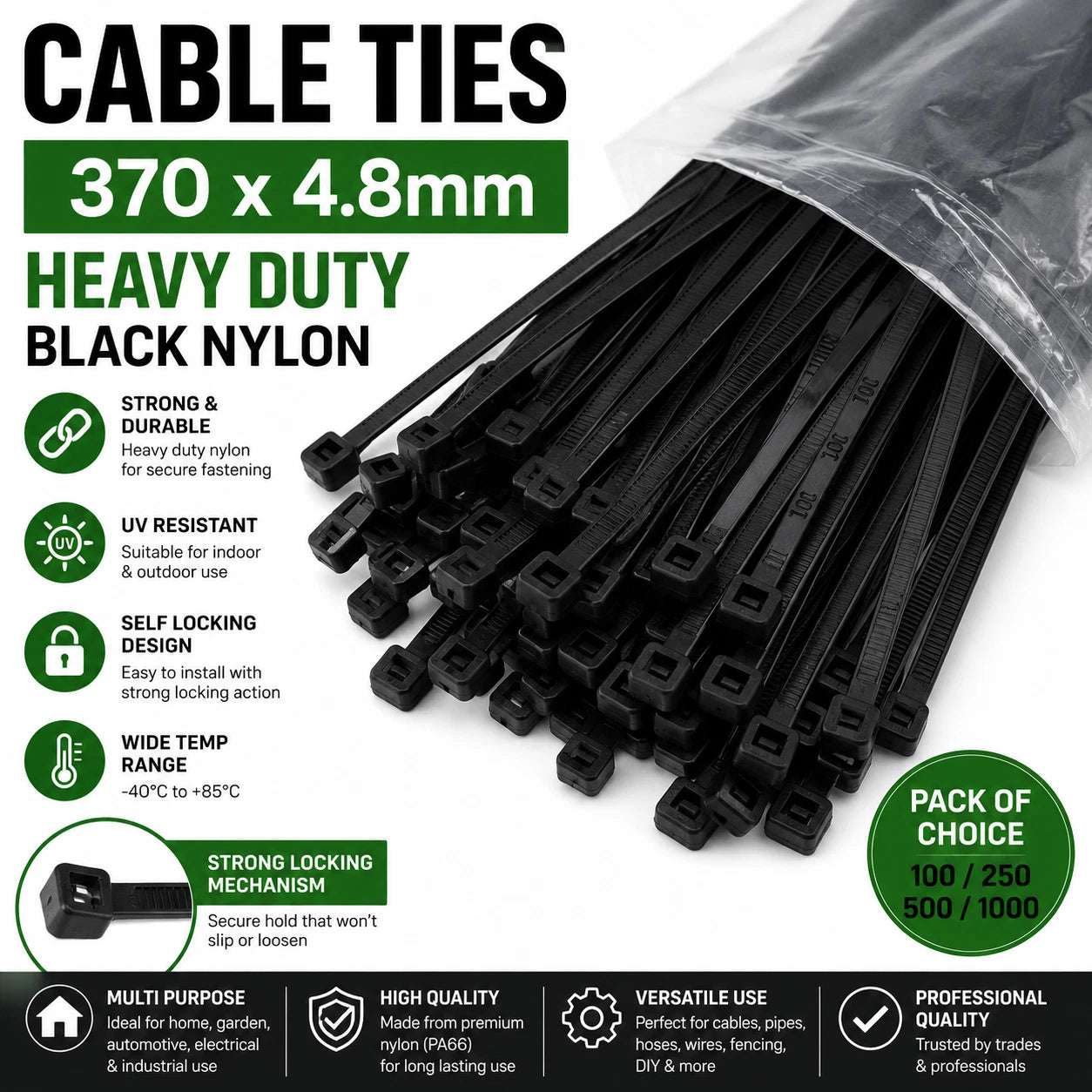 Heavy Duty Black Nylon Cable Ties 370 x 4.8mm Pack of 100