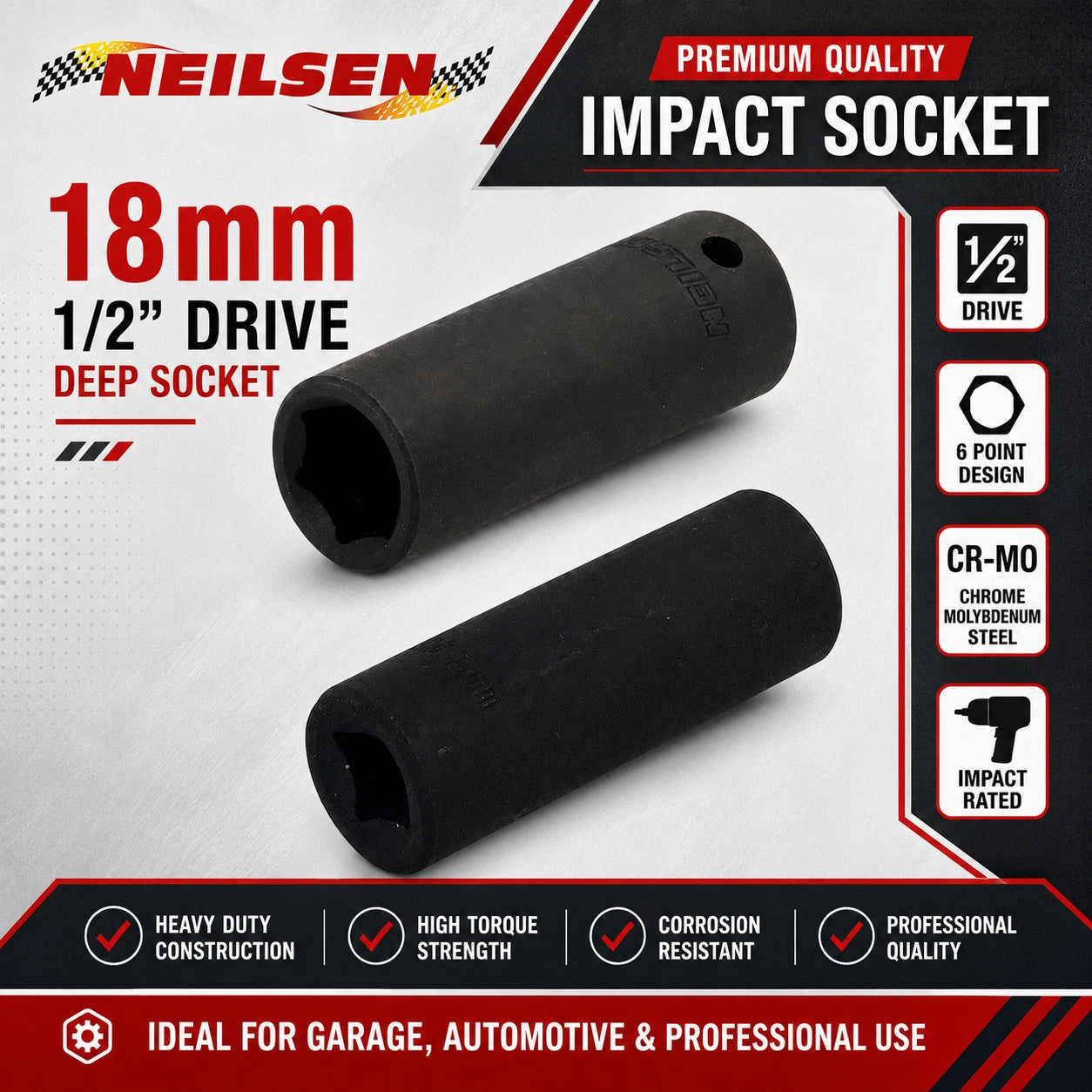 Neilsen 18mm 1/2in Drive Deep Impact Socket – 6 Point