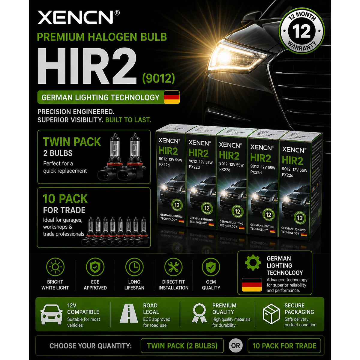 XENCN HIR2 9012 Halogen Headlight Bulbs – German Technology | 2 & 10 Pack